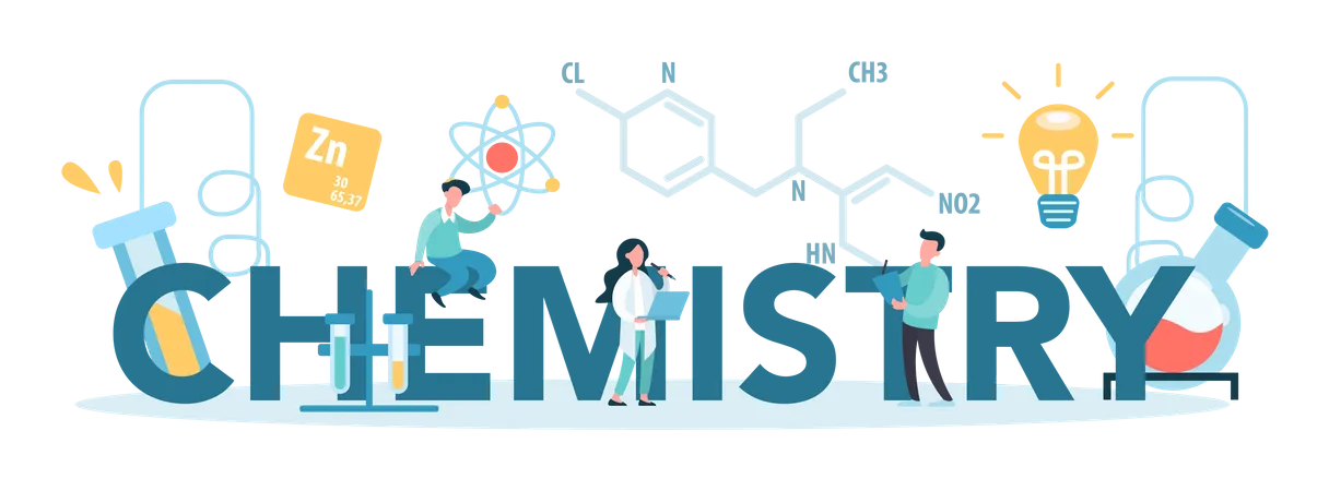 Chemistry Typographic Concept Scientist Making Medical Research Laboratory Equipment Medicine And Chemistry Experiment Chemical Analysis Flat Illustration Illustration
