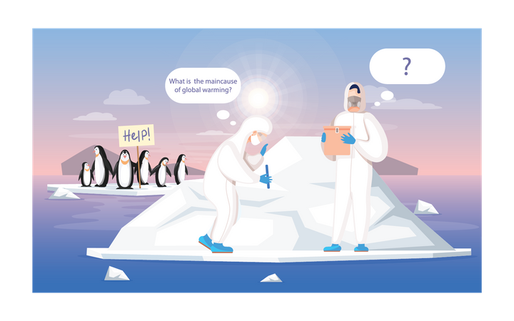 Scientist doing research on melting glacier Illustration