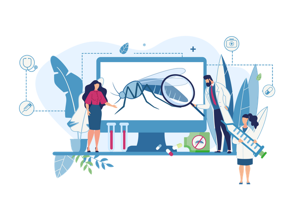 Scientist doing research on mosquito with cure of diseases  Illustration