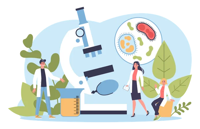 Biology Science Concept People With Microscope Make Laboratory Analysis Idea Of Education And Experiment Vector Illustration In Cartoon Style Illustration