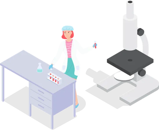 Scientist Woman Wearing White Gown Exploring Elements Making Tests With Flasks And Test Tubes Liquids Laboratory Experiment Research Big Microscope Lab Assistant Isolated With Samples In Tubes Illustration