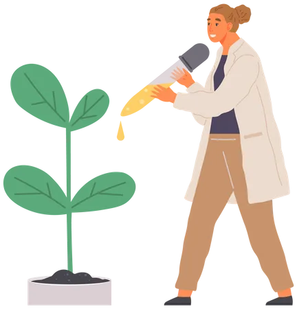 Scientist Dropping Chemical On Plant Illustration