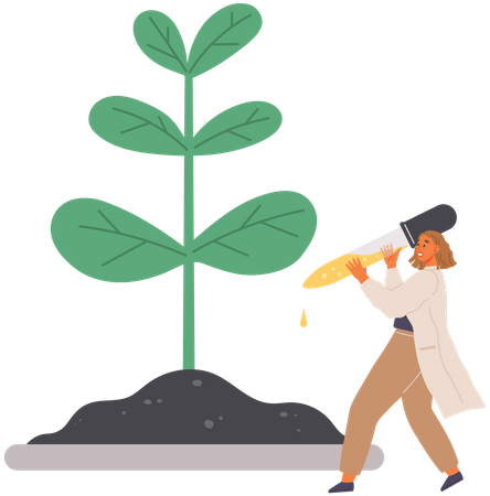 Scientist Dropping Chemical On Plant Illustration