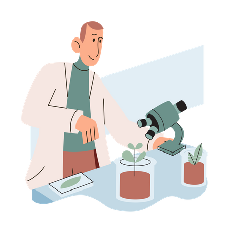 Scientist Examining Plant Species Using Laboratory Microscope Illustration