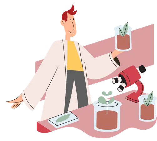 Scientist examining plant species using laboratory microscope  Illustration