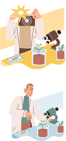 Scientist examining plant species using laboratory microscope  Illustration