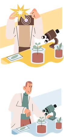 Scientist examining plant species using laboratory microscope  Illustration