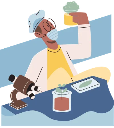 Scientist examining plant species using laboratory microscope  Illustration