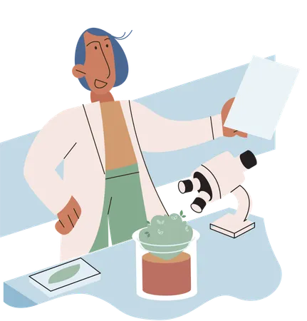Scientist examining plant species using laboratory microscope  Illustration