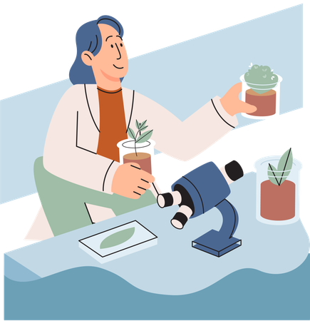 Scientist examining plant species using laboratory microscope  Illustration
