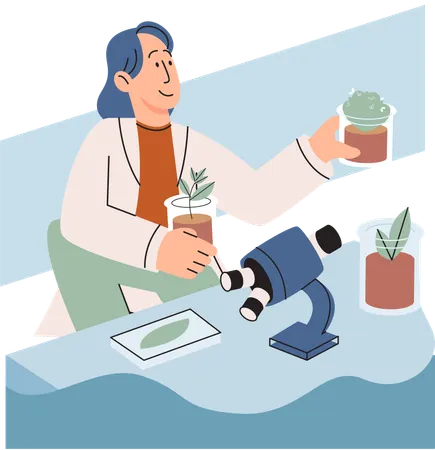 Scientist examining plant species using laboratory microscope  Illustration