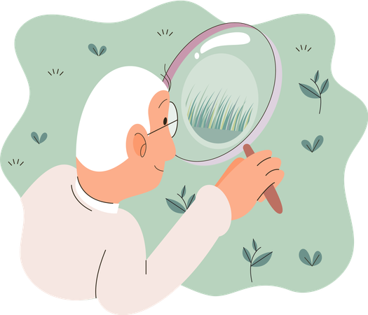 Scientist examining plant species using magnifying glass  Illustration