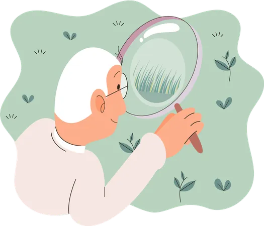 Scientist examining plant species using magnifying glass  Illustration