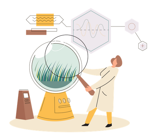 Scientist examining plant species using magnifying glass  Illustration