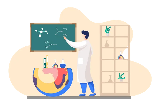 Scientist explains formulas. Chemical researcher with investigations. Science experiment in lab Illustration