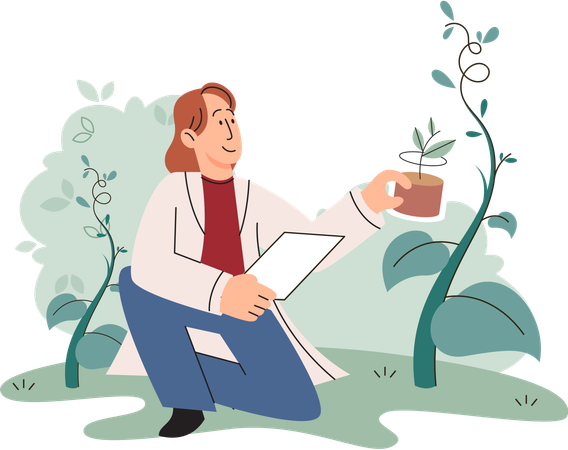 Scientist explores vegetable life and plants in nature  Illustration