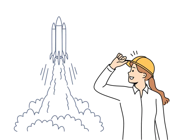 Scientist girl is proud of rocket launch event  Illustration