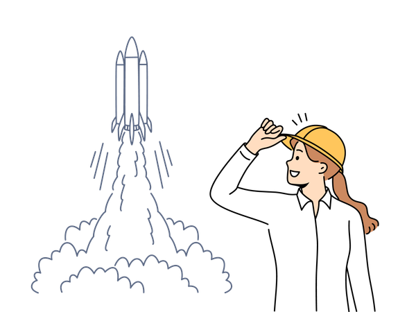 Scientist girl is proud of rocket launch event  Illustration