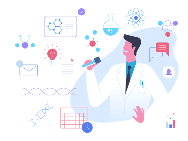 Scientist Holding Beaker Flat Vector Illustration Young Doctor In White Coat Cartoon Character Chemist Biologist Profession Genetic Engineering Biochemistry Research Chemical Reaction Study Illustration
