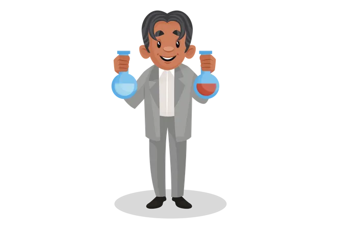 Scientist holding chemical flask in hands Illustration