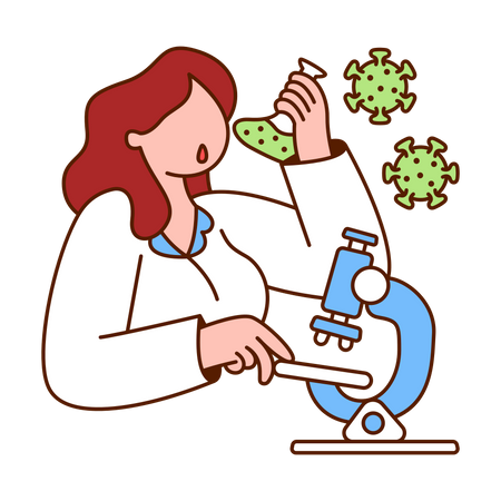Scientist holding test tube and analyzing virus with microscope Illustration