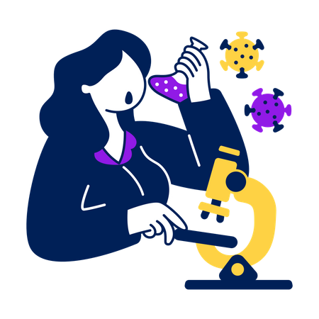 Scientist holding test tube and analyzing virus with microscope Illustration