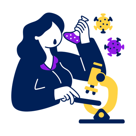 Scientist holding test tube and analyzing virus with microscope  Illustration