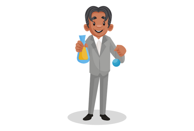 Scientist holding the chemical flasks in hand and doing experiment  Illustration