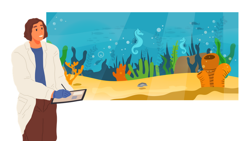 Scientist in aquarium studies underwater world Illustration