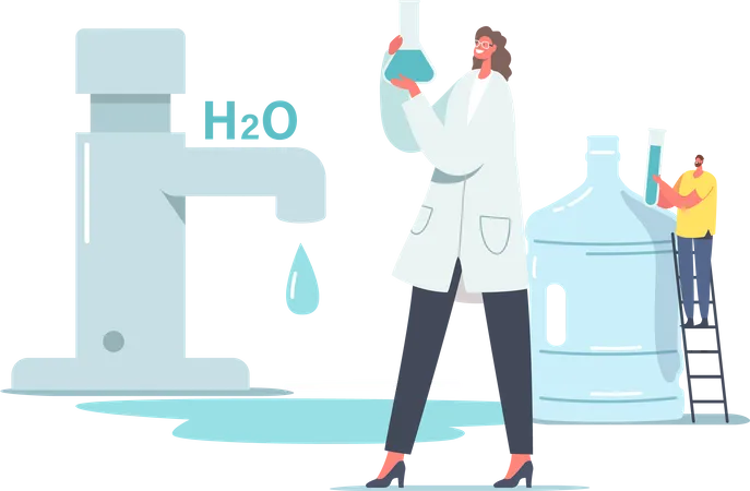 Scientist in Lab Coat Hold Beaker Research Water in Laboratory  Illustration