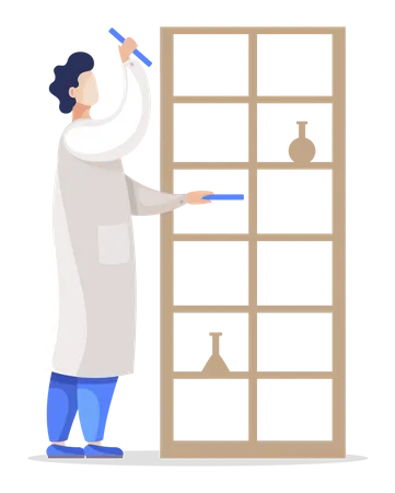 Medical Worker Or Doctor Looking At Test Results Isolated Scientists In Laboratory Looking At Paper With Experimental Data Researcher Checking Info In Lab Shelf With Flasks And Test Tubes Vector Illustration