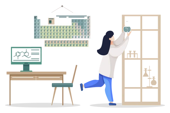 Woman Working In Laboratory Chemist Putting Flask With Substance On Top Shelf Lab With Periodic Table And Workplace For Scientist Workspace With Computer And Chair Student In Uni Vector Illustration