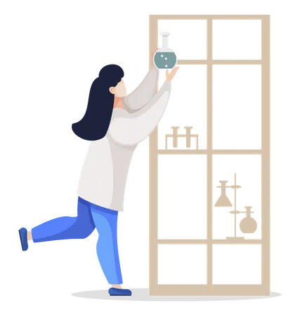 Female Character Working In Laboratory Reaching Shelf Top Putting Flask With Chemical Substance Chemist Or Scientist In Lab Isolated Student Or Researcher Doctor In Clinics Or Assistant Vector Illustration