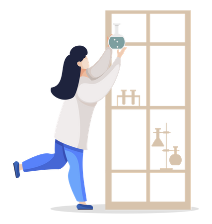 Scientist in Laboratory Reaching Shelf Top Vector  Illustration