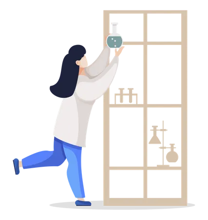 Scientist in Laboratory Reaching Shelf Top Vector  Illustration