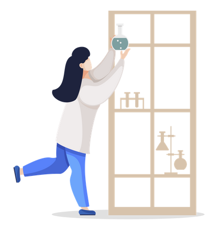 Scientist in Laboratory Reaching Shelf Top Vector  Illustration
