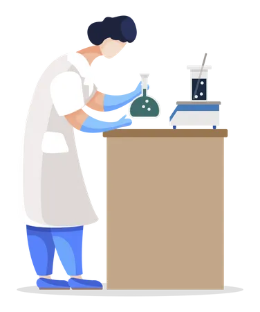 Female Scientist Working In Laboratory Examining Chemical Substances In Test Tubes Woman With Flask Filled With Toxic Liquid Medicine Worker Analyzing Weight And Physical Characteristics Vector イラスト