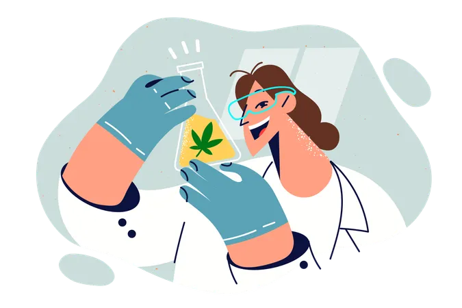 Woman Holds Flask Of Cannabis Oil And Smiles Conducting Laboratory Research On Medical Properties Of Marijuana Biologist In White Coat Studies Cannabis Leaf Create New Drug Or Smoking Mixture Illustration