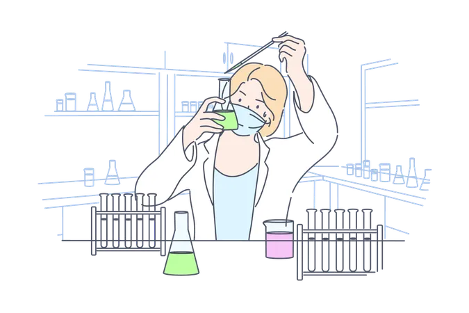 Science Chemistry Experiment Concept Young Happy Woman Scholar Medical Worker Makes Chemical Reaction With Reagents In Laboratory Scientific Test Academic Research Or Vaccine Creation Illustration Illustration