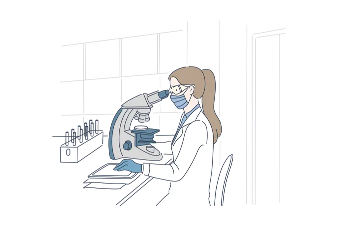 Health Science Medicine Concept Young Woman Conducts Medical Research Using A Microscope In The Laboratory Scientist Examines Cells Of The Virus Simple Flat Vector Illustration