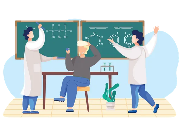 Scientist learning on blackboard  Illustration