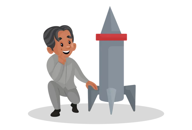 Scientist looking at the rocket and thinking Illustration