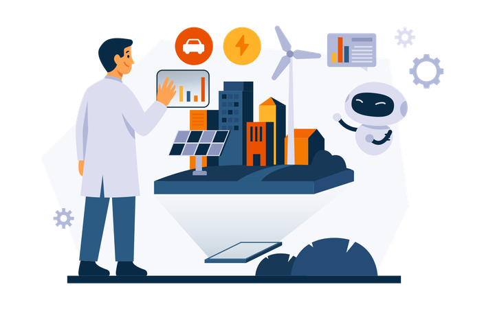 Scientist Looking At Virtual City  Illustration