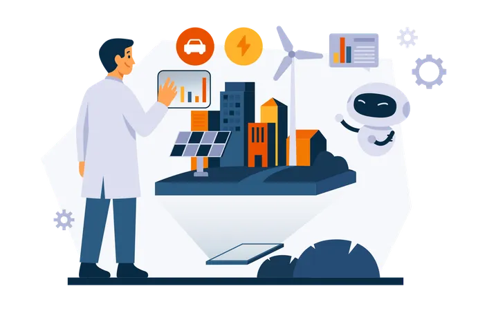 Scientist Looking At Virtual City  Illustration