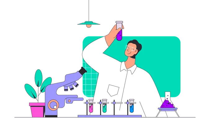 Science Laboratory Concept In Modern Flat Design For Web Scientist Making Researches And Experiment At Lab Flask Works At Microscope Vector Illustration For Social Media Banner Marketing Material Illustration