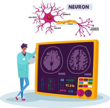 Scientist Male Look on Human Brain with Neurons Scheme in Laboratory  Illustration