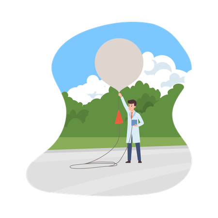 Scientist meteorologist with big balloon outdoor  Illustration