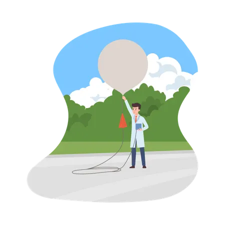 Scientist meteorologist with big balloon outdoor  Illustration