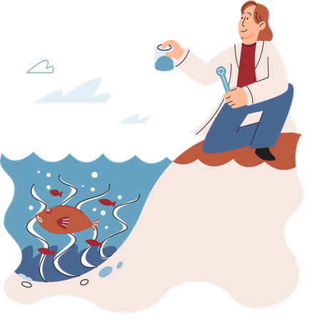 Scientist observing marine life in wild in order to protect them  Illustration