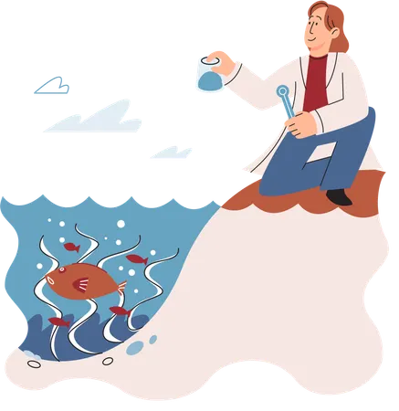 Scientist observing marine life in wild in order to protect them  Illustration